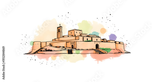 castle, palace, vector, illustration, drawing, medieval, fantasy, fairytale, fortress, tower, walls, gates, stone, architecture, historic, royal, kingdom, stronghold, citadel, defense, moat, landmark,