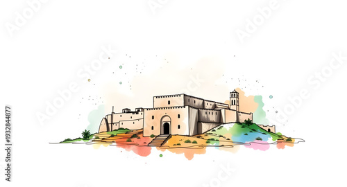 castle, palace, vector, illustration, drawing, medieval, fantasy, fairytale, fortress, tower, walls, gates, stone, architecture, historic, royal, kingdom, stronghold, citadel, defense, moat, landmark,