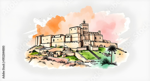 castle, palace, vector, illustration, drawing, medieval, fantasy, fairytale, fortress, tower, walls, gates, stone, architecture, historic, royal, kingdom, stronghold, citadel, defense, moat, landmark,