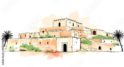castle, fortress, vector, illustration, drawing, medieval, fantasy, fairytale, palace, tower, walls, gates, stone, architecture, historic, royal, kingdom, stronghold, defense, citadel, moat, landmark,