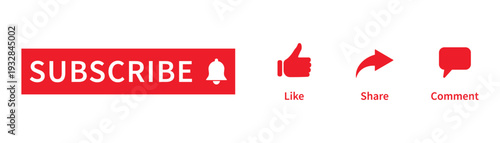 Subscribe button with notification bell and like share comment icons social media engagement set red interface elements for channel promotion online marketing communication isolated