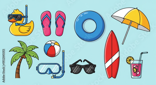 Summer vacation essentials - beach umbrella, surfboard, and other fun items.
