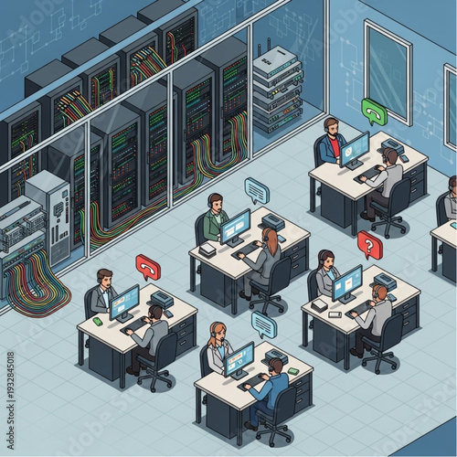 Data center employees working on computers in a server room with multiple workstations.