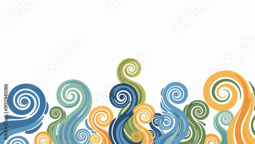 Abstract design with many colorful swirls arranged along bottom border on white backdrop. Varied sized colorful swirls in blue, green, and orange shades form dynamic, artistic pattern.