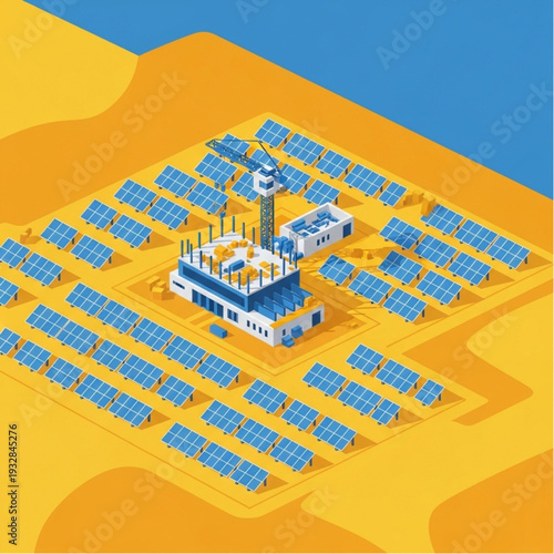 Solar Power Plant with Panels and Control Building in Desert Landscape.