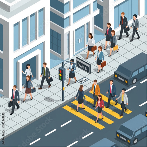 Busy urban street scene with pedestrians crossing the road.