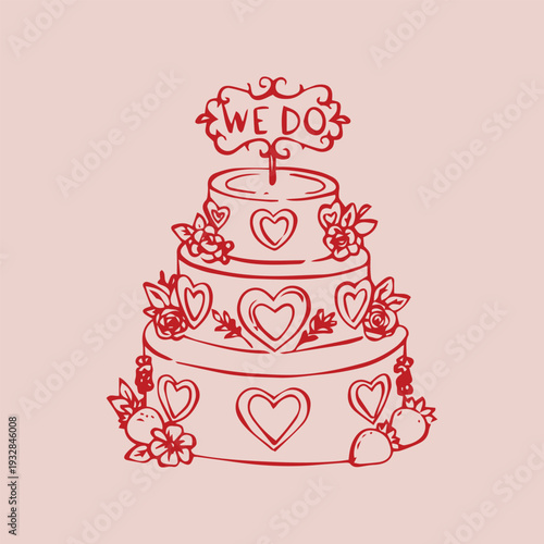 Hand drawn tiered cake with We Do topper in red line art style. Romantic celebration dessert illustration for wedding invitation, engagement party, anniversary greeting card and bakery branding.