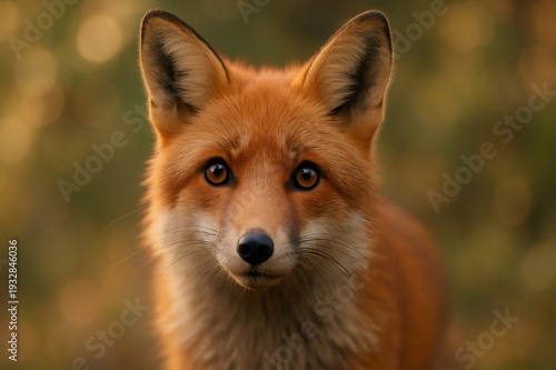 Red fox with orange fur and striking eyes looking forward. Wildlife animal head shot in a natural outdoor environment