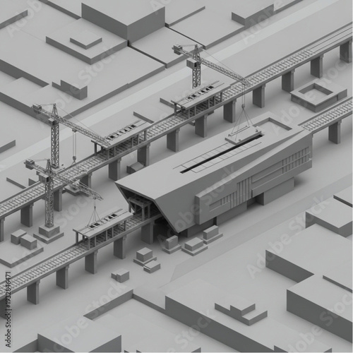 Isometric view of an industrial facility with railway and cranes.