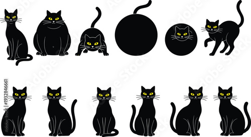 Collection of black cat silhouettes with yellow eyes in various poses including sitting standing stretching and round funny shapes isolated on white background vector.