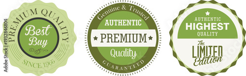 Three green premium quality labels on a white background