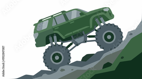 Heavy duty offroad monster truck vector illustration climbing a steep rocky hill for extreme sport design.