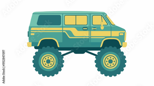 Stylized vintage custom van with large monster truck tires, isolated vector graphic ideal for adventure sports branding or apparel design.