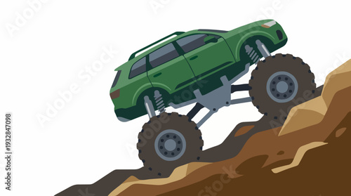 Green suv style monster truck climbing uphill graphic design concept for sporty kids apparel vector illustration