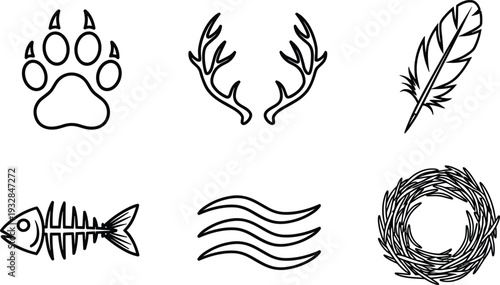 Set of nature wildlife vector icons including animal paw print deer antlers feather fish bone water waves and bird nest silhouette isolated on white background.