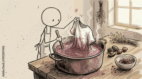 A hand-drawn sketch depicting a figure dyeing a shirt in a cauldron using natural dye.  Circular life.