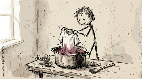 Sketchy hand-drawn stick figure character naturally dyeing a shirt with avocado pits, organic textile art and slow fashion concept.