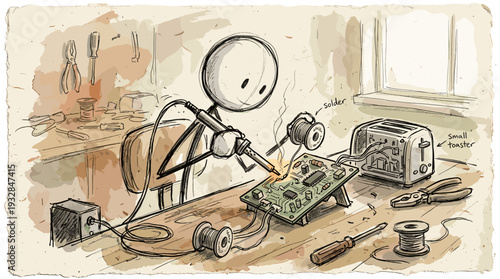 A hand-drawn sketch depicting a character in the form of a stick soldering a broken circuit board.  Circular life.