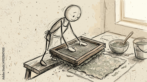 Sketchy hand-drawn stick figure character making fresh handmade recycled paper with a mesh screen, sustainable crafting concept.