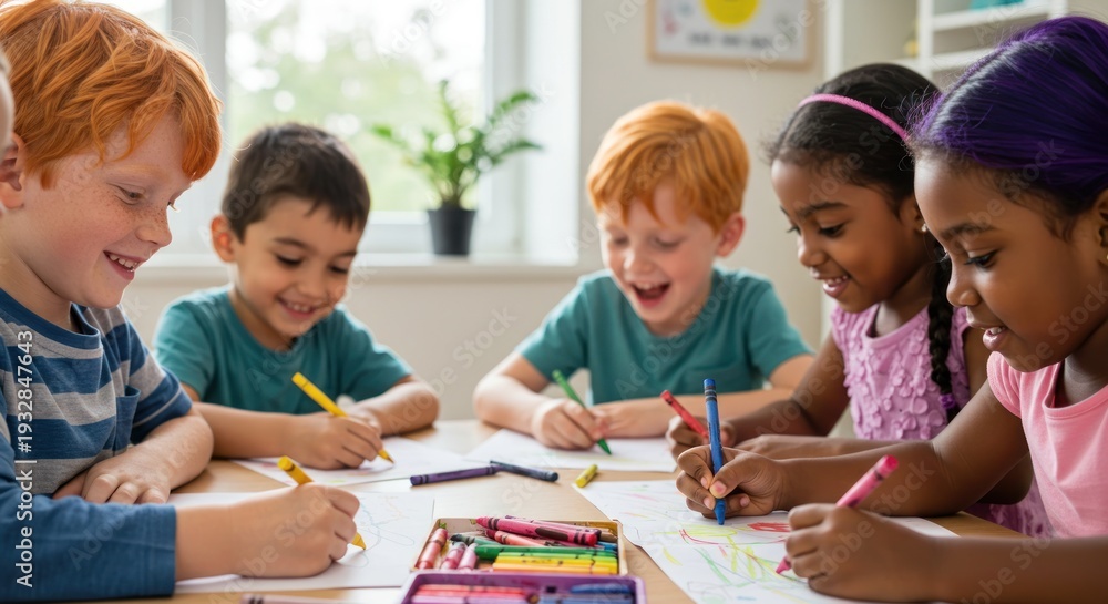Fototapeta premium Children drawing at table in bright room