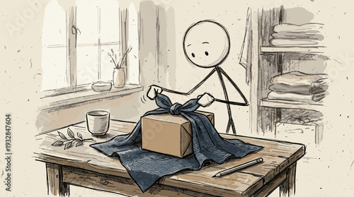 Stick figure character wrapping a gift using the Japanese Furoshiki cloth technique, zero waste holiday concept  