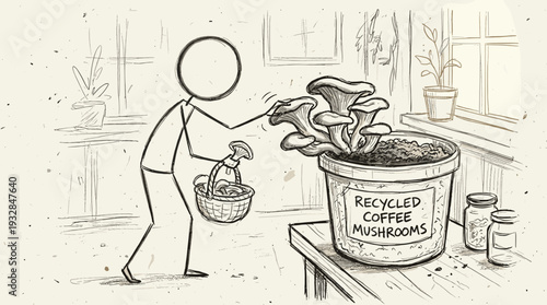 A hand-drawn sketch depicting a stick figure character picking mushrooms from recycled coffee grounds in a cozy indoor setting. The concept of circular living 