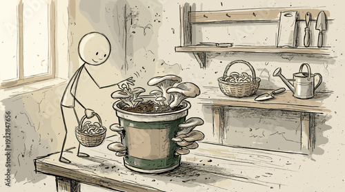 Sketchy hand-drawn stick figure character harvesting mushrooms grown from recycled coffee grounds, circular economy food concept.