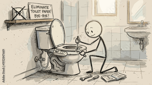 Sketchy hand-drawn stick figure character installing a bidet attachment on a toilet, reducing paper waste and hygiene concept.
