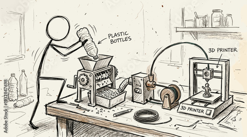 Sketchy hand-drawn stick figure character shredding plastic bottles for 3D printer filament, domestic plastic recycling concept.