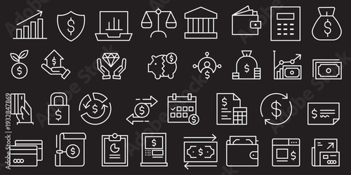 Finance thin line icon set. Saving, increasing and spending finances. Payments elements, budget, loan, bank, deposit, money, profit, piggy bank - stock vector.