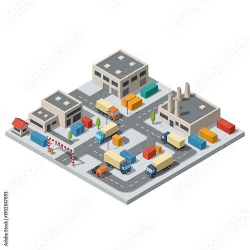 Isometric Factory Buildings with Trucks and Containers.