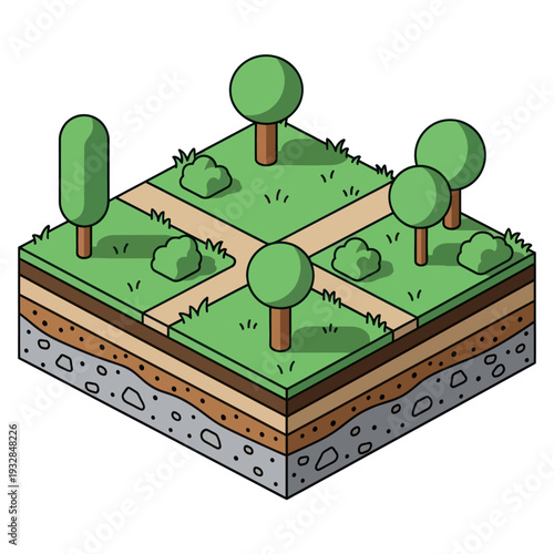 Isometric Illustration of Green Park with Trees.