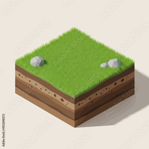 3D Isometric View of Grassy Terrain Model.