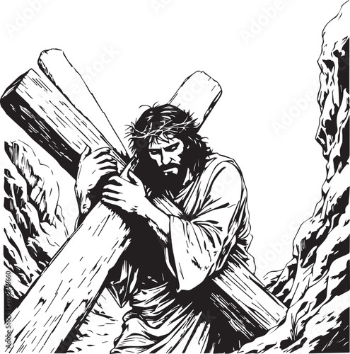 Jesus Christ carrying cross illustration religious iconography crucifixion narrative Christian faith art black white design