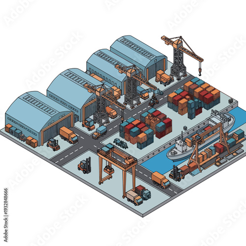 Industrial Shipping Yard with Containers and Cranes.