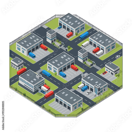 Isometric Industrial Buildings with Trucks and Warehouses.