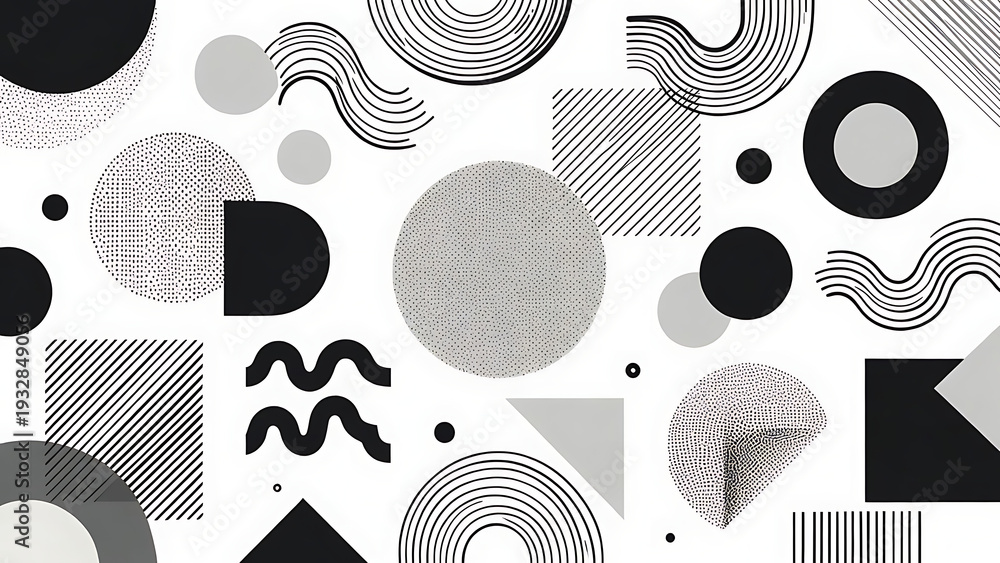 custom made wallpaper toronto digitalShapes abstract geometric pattern with black and gray circles, halftone dots, wavy lines, and minimal Memphis style background