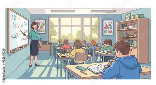 Teacher Explaining Math Equations on Whiteboard to Students in Classroom