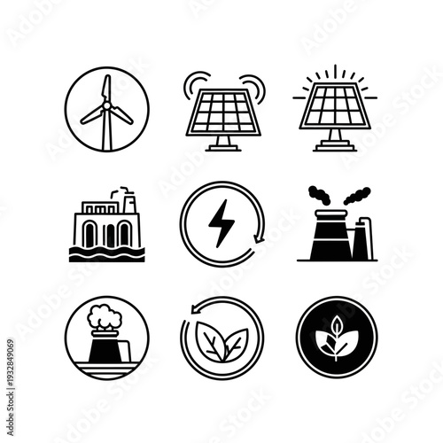 Modern renewable energy icons including wind turbines, solar panels, hydroelectric power, and sustainable leaf symbols for eco-friendly projects