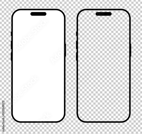 Smartphone frames. Gadget black symbols. Set of device front view. Signs for website design, ui, mobile app.  Mobile phone icons on checkered backdrop. Blank smart phone with white screen template.