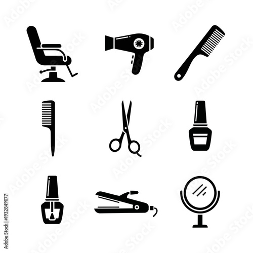 Professional salon and beauty tools collection featuring a barber chair, hairdryer, combs, scissors, nail polish, straightener, and mirror for modern style and grooming