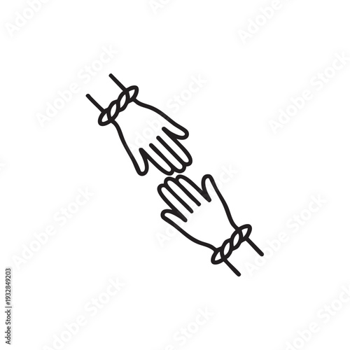 Two hands tied together with ropes in a constrained position, illustrating a scene of captivity or restraint, depicted in a simple line drawing style from a straightforward viewpoint.