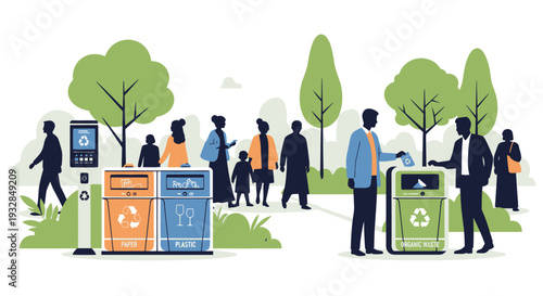 People Recycling in a Park with Modern Bins and Green Trees