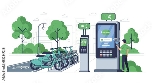 Urban bike sharing station with payment kiosk and person using smartphone