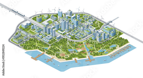 Sustainable city, eco-friendly urban landscape with green spaces, modern architecture, and renewable energy