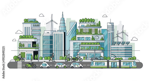 Eco-friendly cityscape with green buildings, renewable energy, and sustainable transport.