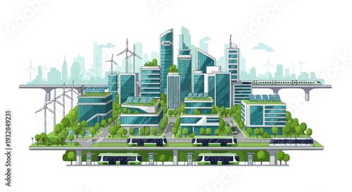 Sustainable Smart City with Green Buildings, Wind Turbines, and Public Transport