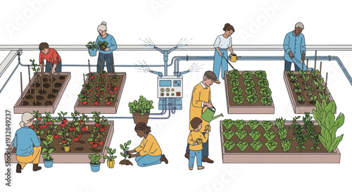 Diverse Group Tending Hydroponic Garden Beds with Automated Irrigation System