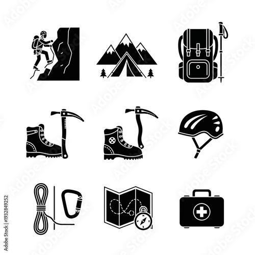 Conquer any peak with essential climbing gear icons depicting adventure, safety, and outdoor exploration tools for thrilling expeditions.