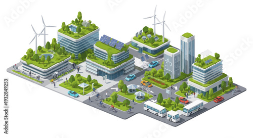 Eco-friendly cityscape with green buildings, wind turbines, solar panels, and sustainable transport